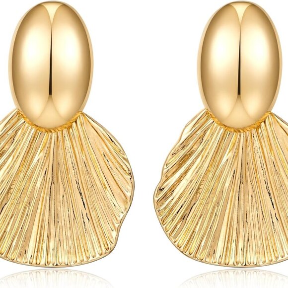 Gold Earrings Dangle Chunky Fan-shaped Earrings Shell Earring for Women Two-Tone - Picture 1 of 7